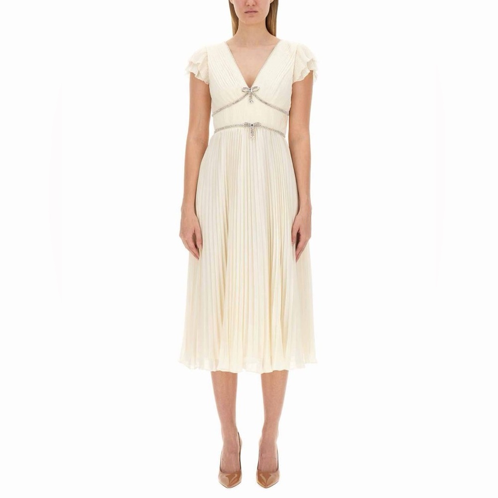 Self-Portrait Cream Chiffon Midi Dress with Sparkle